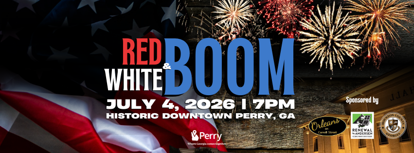 Red, White & Boom Independence Day Celebration in Historic Downtown Perry featuring live entertainment, food trucks, family activities, and a fireworks finale on July 4.